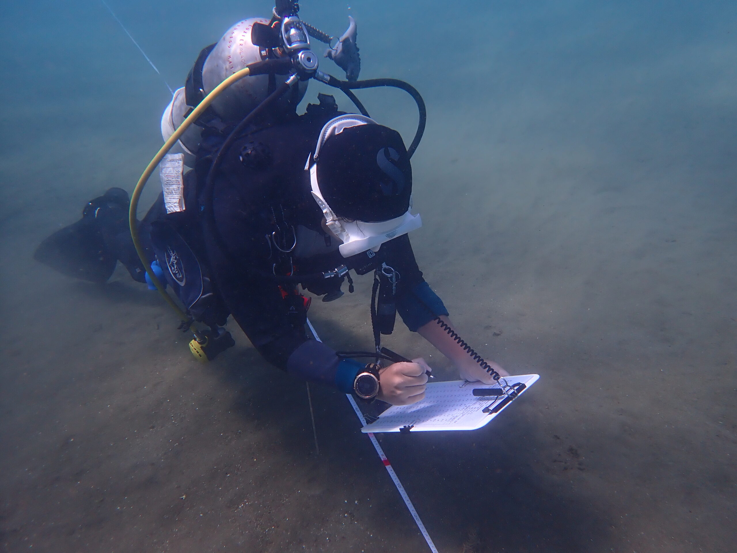 海域生態調查人員於作業船上進行漁具檢視與海洋生態紀錄